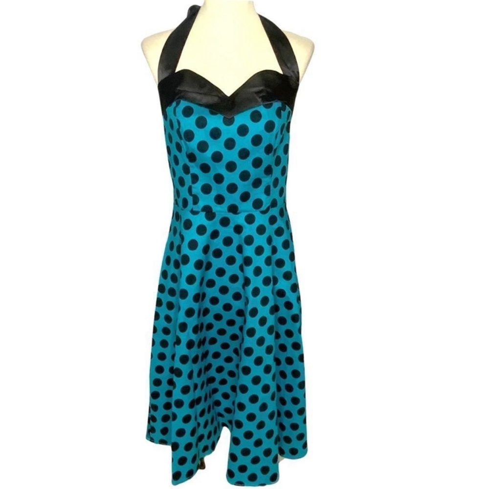 Dress Tells Rockabilly Halter Dress Black with Turquoise Polka dots.